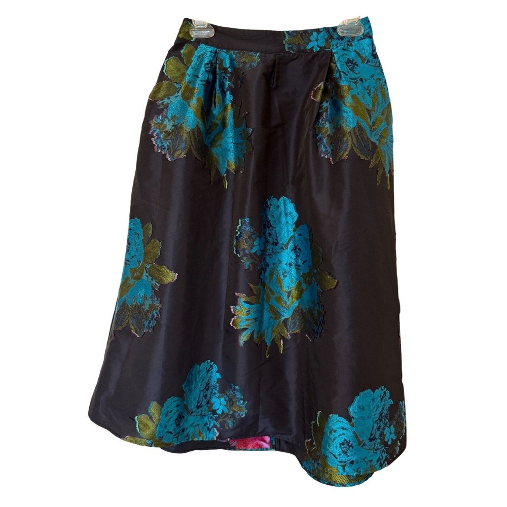 Anthropologie Floral Brocade Midi Skirt Womens Navy Blue Turquoise A-Line Party - Picture 4 of 16